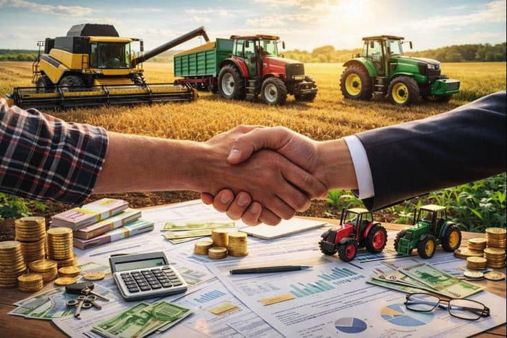 A handshake with a wheat harvest behind